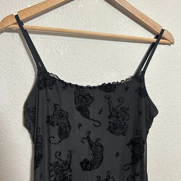 H&M Divided Mesh Mini Dress M Black Velvet Tiger Spaghetti Strap Whimsigoth alt - Picture 4 of 7